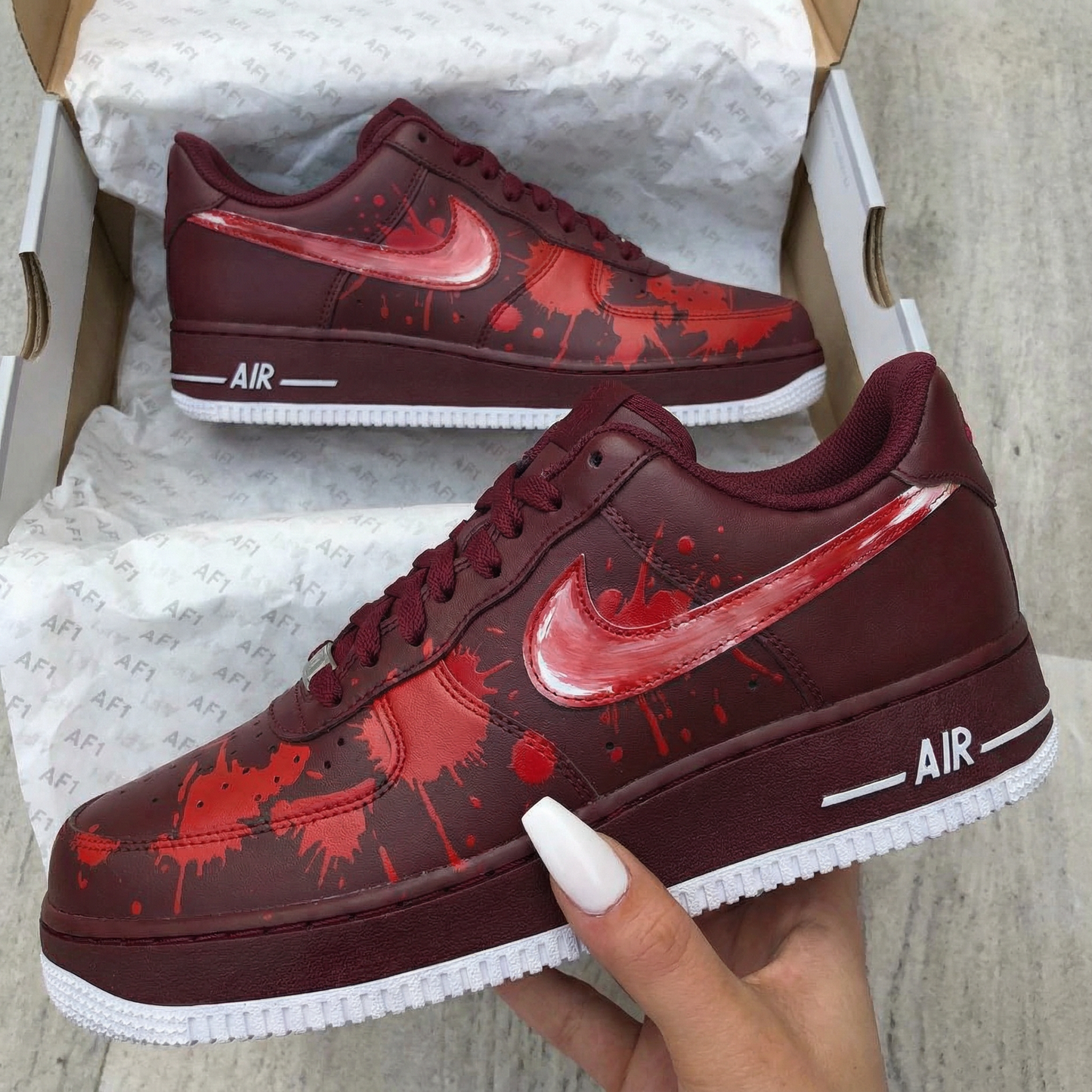 Burgundy Splash Custom AF 1s Shoes