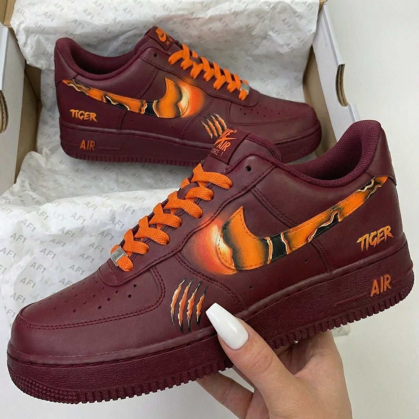 Burgundy Tiger Theme Custom AF 1s Shoes