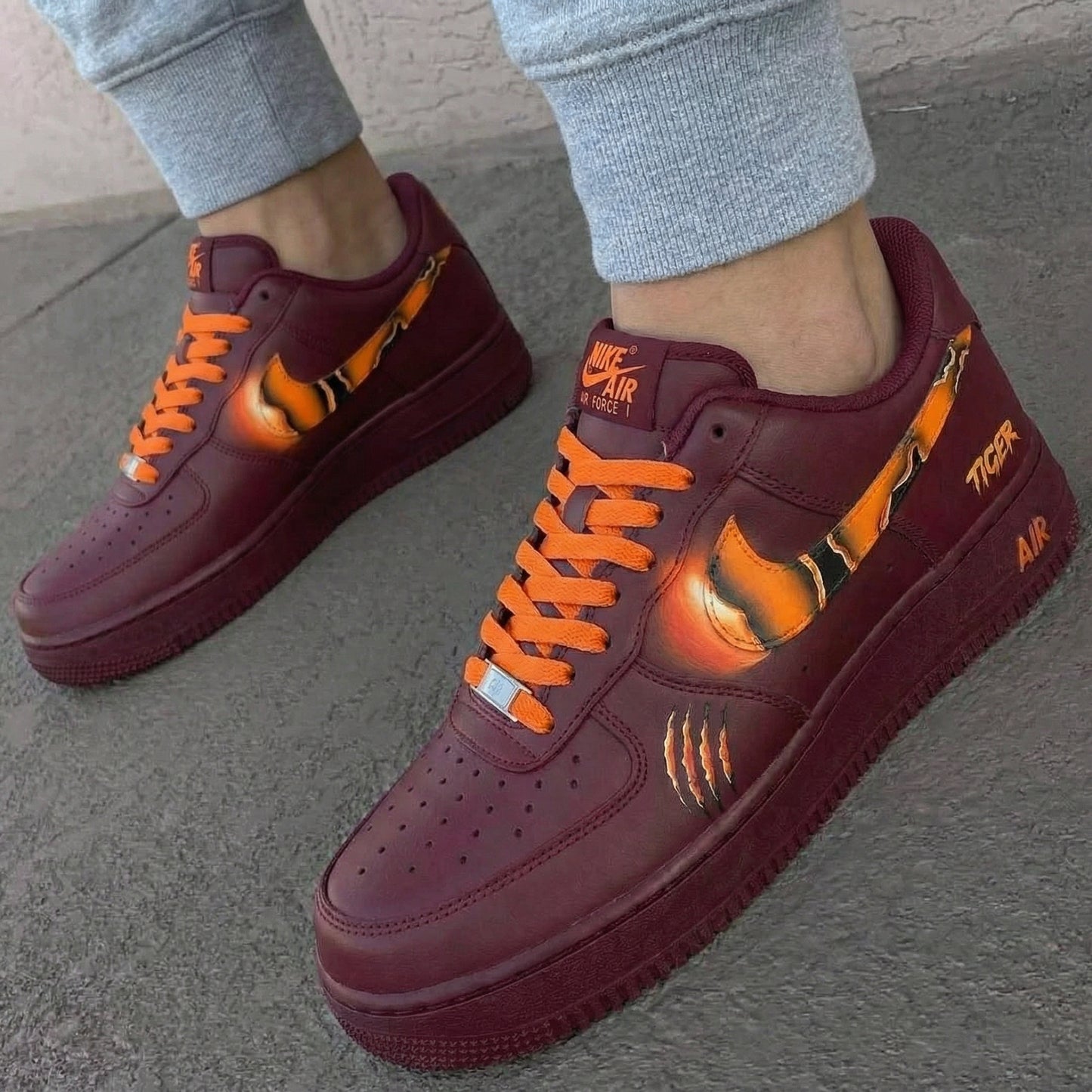 Burgundy Tiger Theme Custom AF 1s Shoes