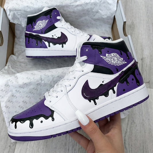 Cool Purple White Dripping Print Custom AJ 1s Shoes