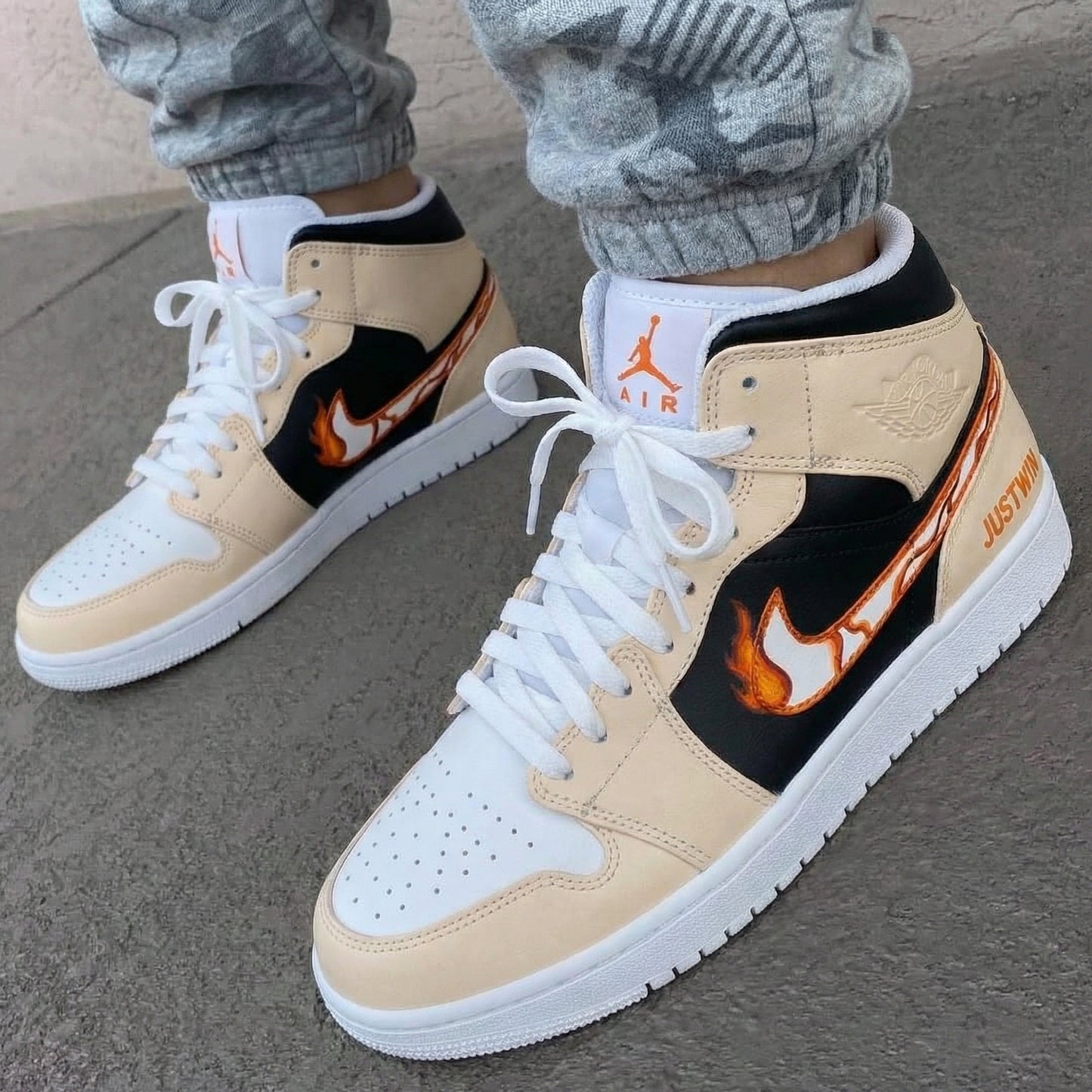 Cream Black Flames Custom AJ 1s Shoes