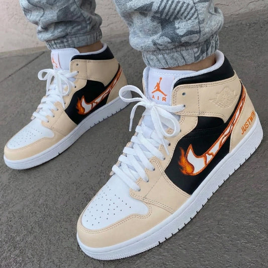 Cream Black Flames Custom AJ 1s Shoes