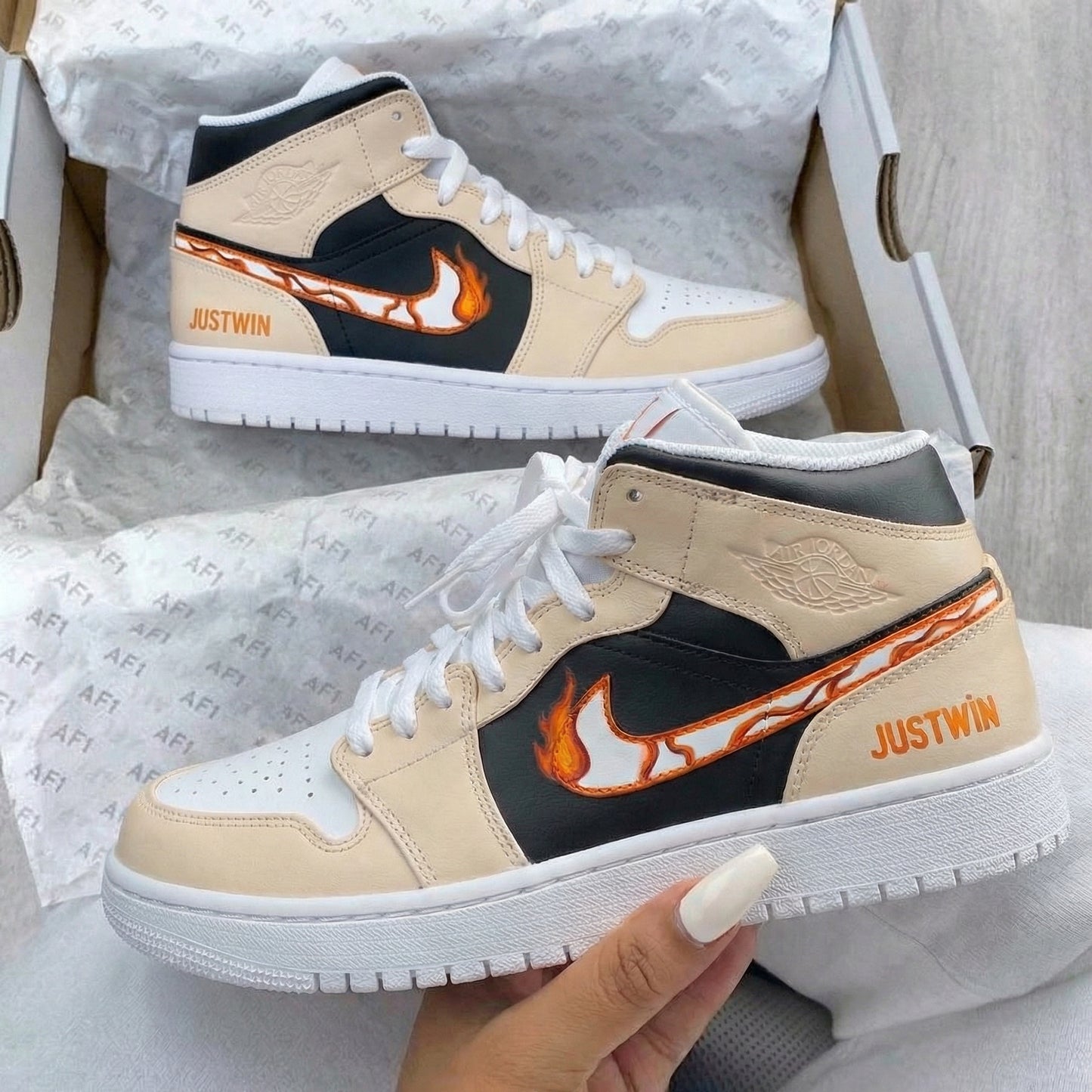 Cream Black Flames Custom AJ 1s Shoes