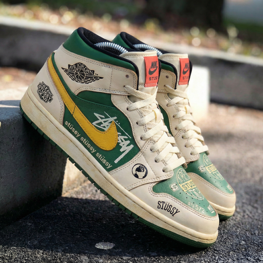 Cream Green Yellow Stussy Custom AJ 1s Shoes