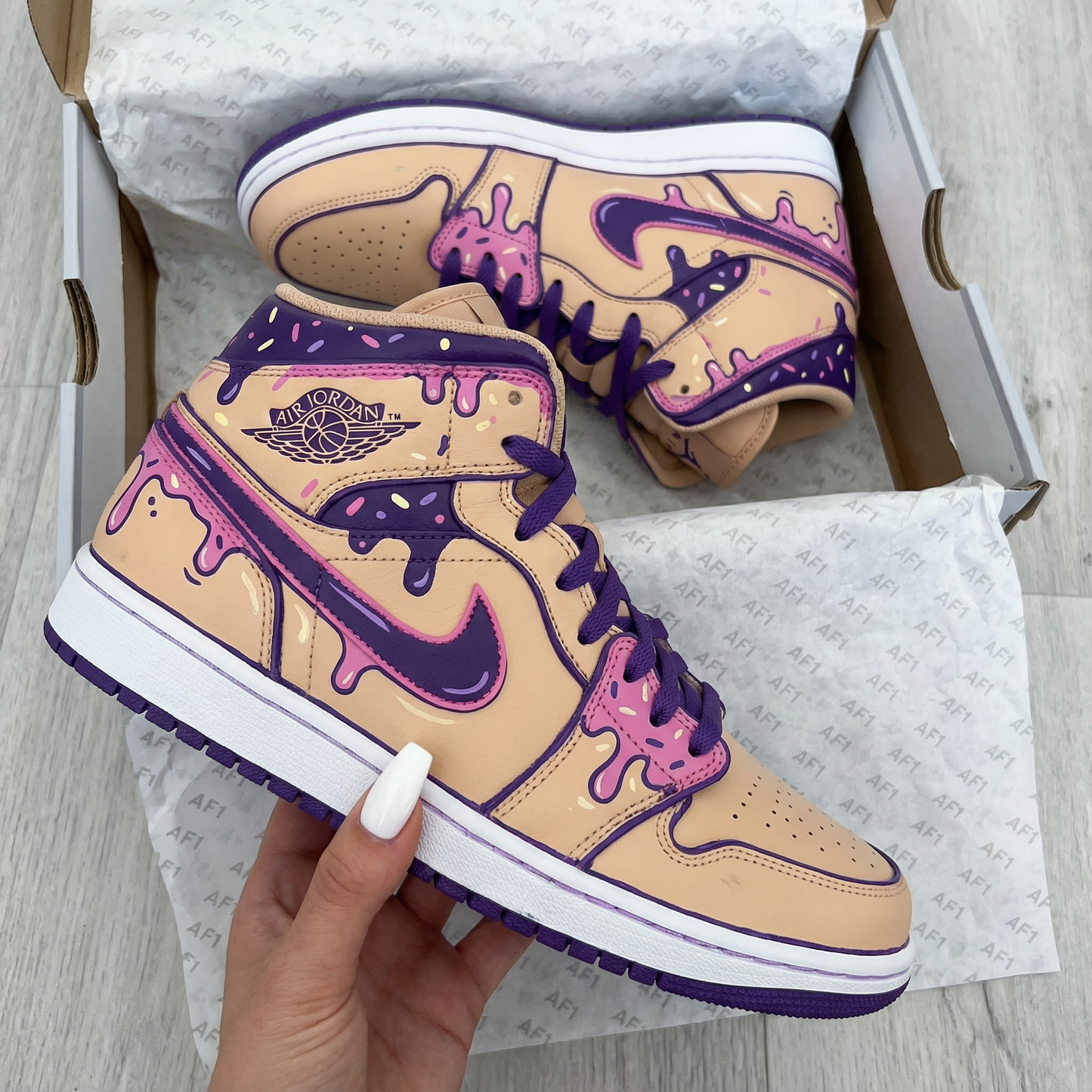 Creamy Beige Pink Purple Drip Custom AJ 1s Shoes