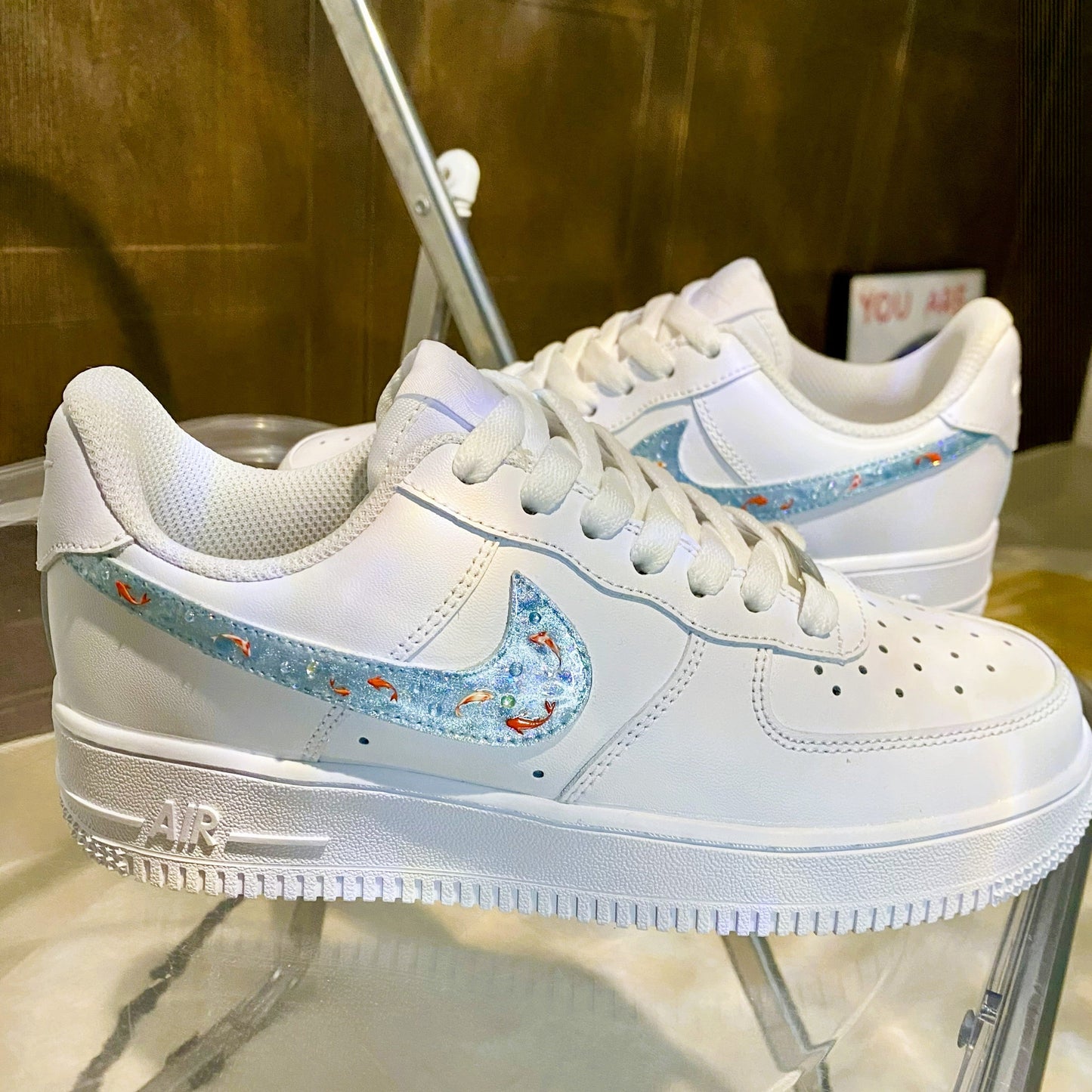 Custom Air Force 1 Baby Blue Glitter And Goldfish Pattern Swoosh