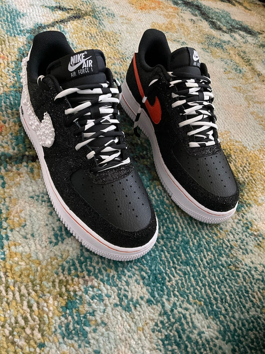 Custom Air Force 1 Black Glitter Pearl Swoosh