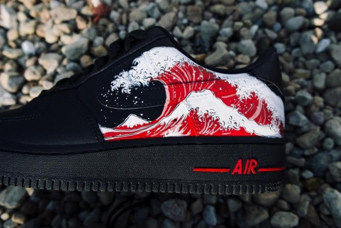 Custom Air Force 1 Black Red Wave Pattern