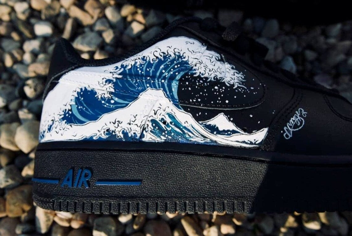 Custom Air Force 1 Black Red Wave Pattern