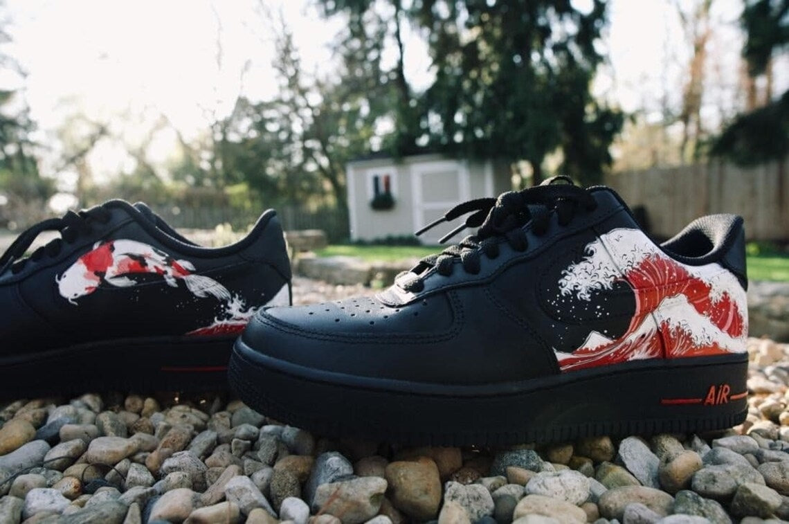 Custom Air Force 1 Black Red Wave Pattern