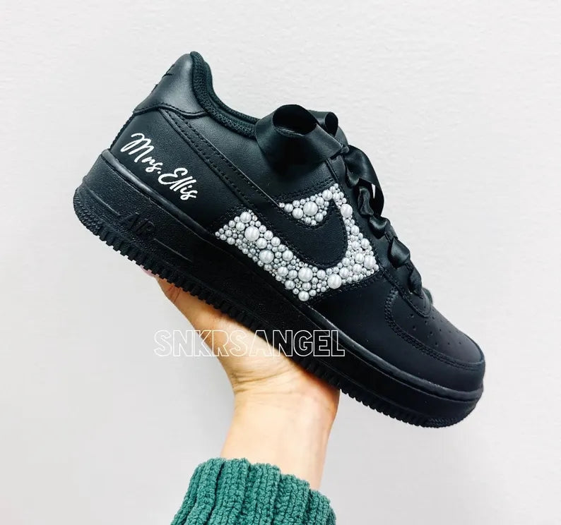 Custom Air Force 1 Black White Pearl Embellished