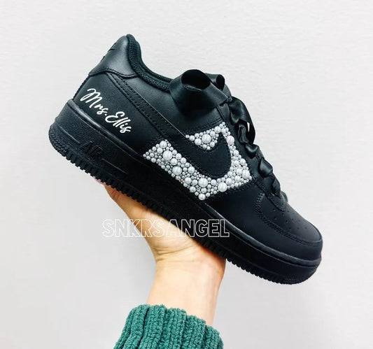 Custom Air Force 1 Black White Pearl Embellished