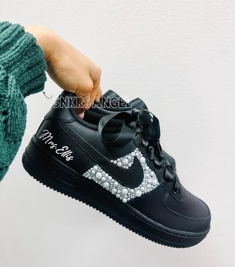 Custom Air Force 1 Black White Pearl Embellished