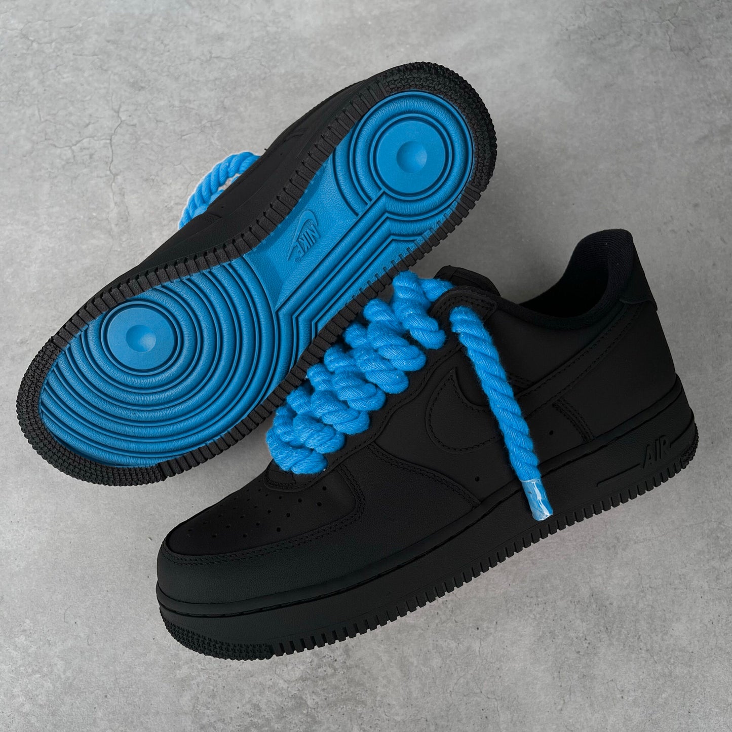 Custom Air Force 1 Black With Blue Rope Laces And Blue Sole
