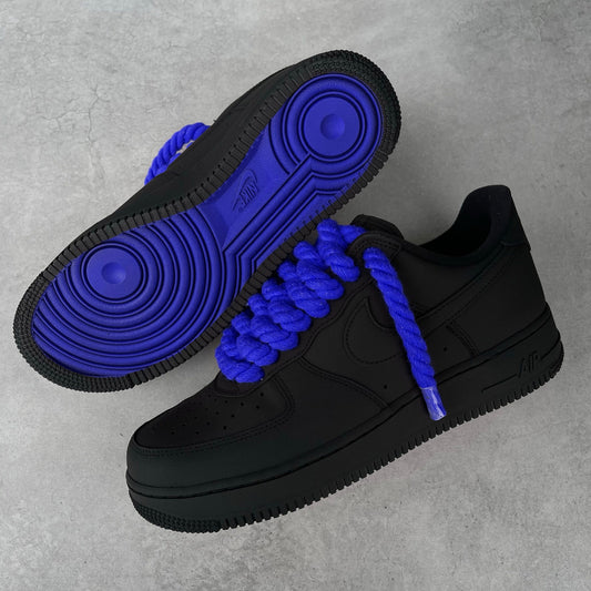 Custom Air Force 1 Black With Dark Blue Rope Laces And Dark Blue Sole