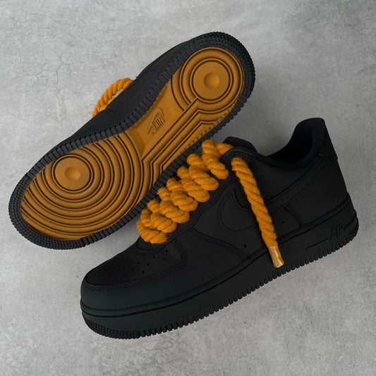 Custom Air Force 1 Black With Orange Rope Laces And Orange Sole