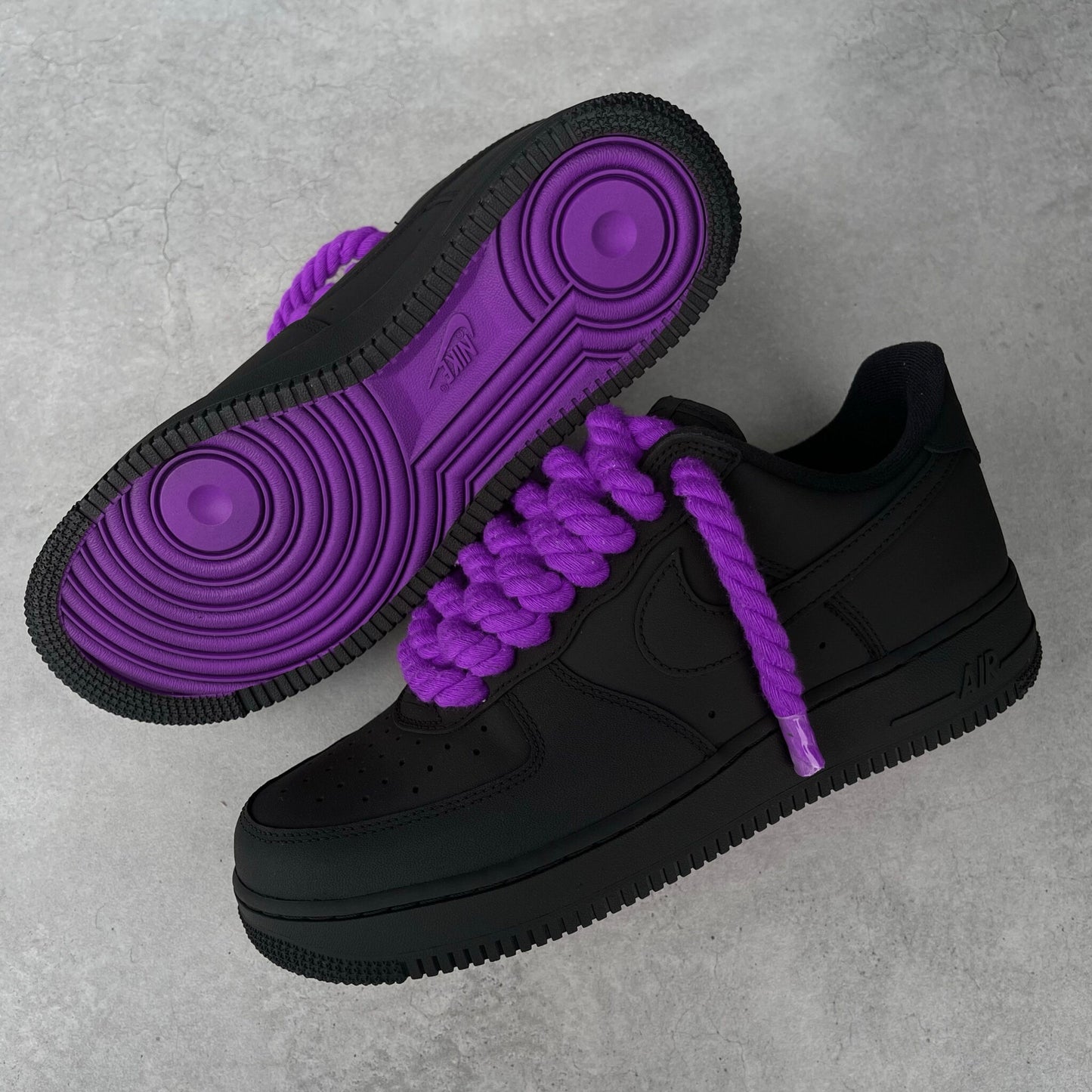 Custom Air Force 1 Black With Purple Rope Laces And Purple Sole