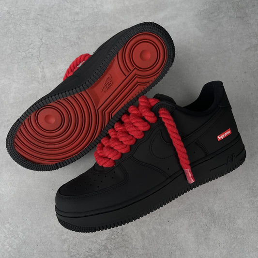 Custom Air Force 1 Black With red Rope Laces And red Sole