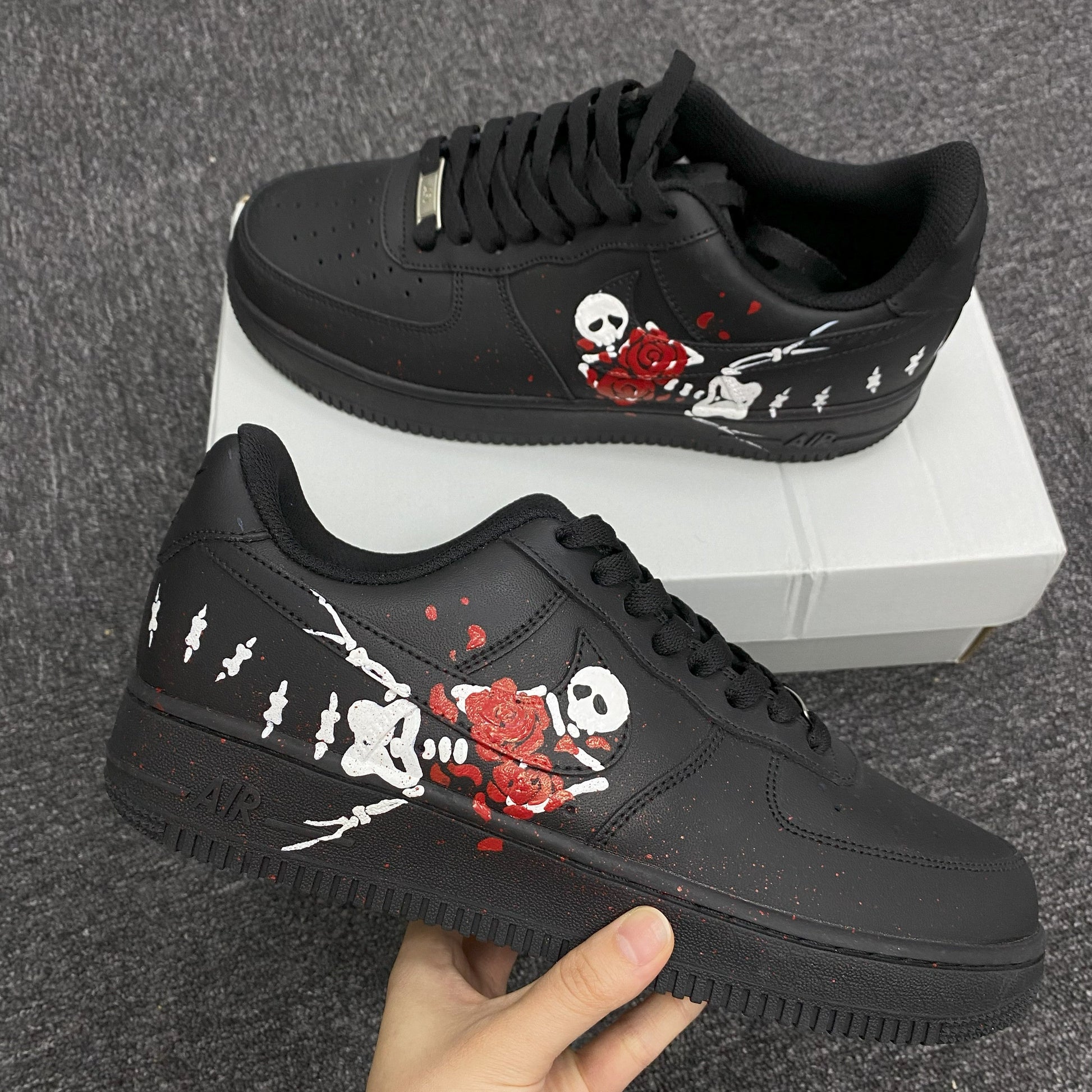 Custom Air Force 1 Black With Skull And Rose Pattern