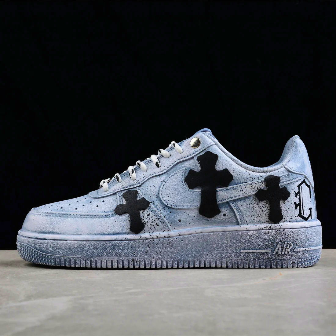 Custom Air Force 1 Blue With Black Crosses And Splatter Patterns