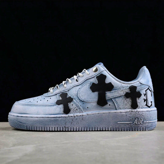 Custom Air Force 1 Blue With Black Crosses And Splatter Patterns