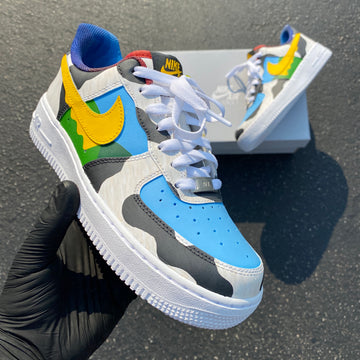 Custom Air Force 1 Blue Yellow And Green Camo Pattern