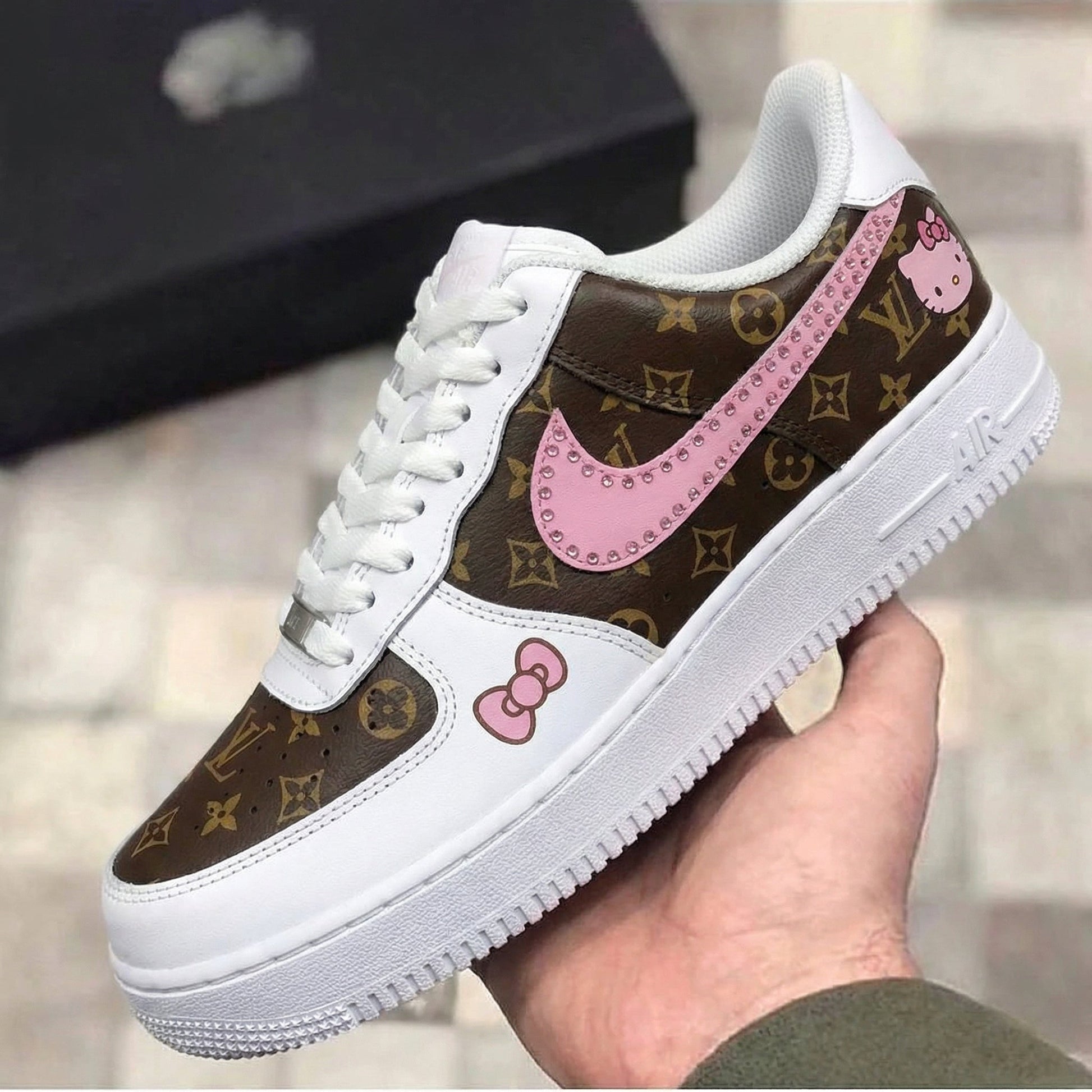 Custom Air Force 1 Brown Pink LV Pattern Hello Kitty