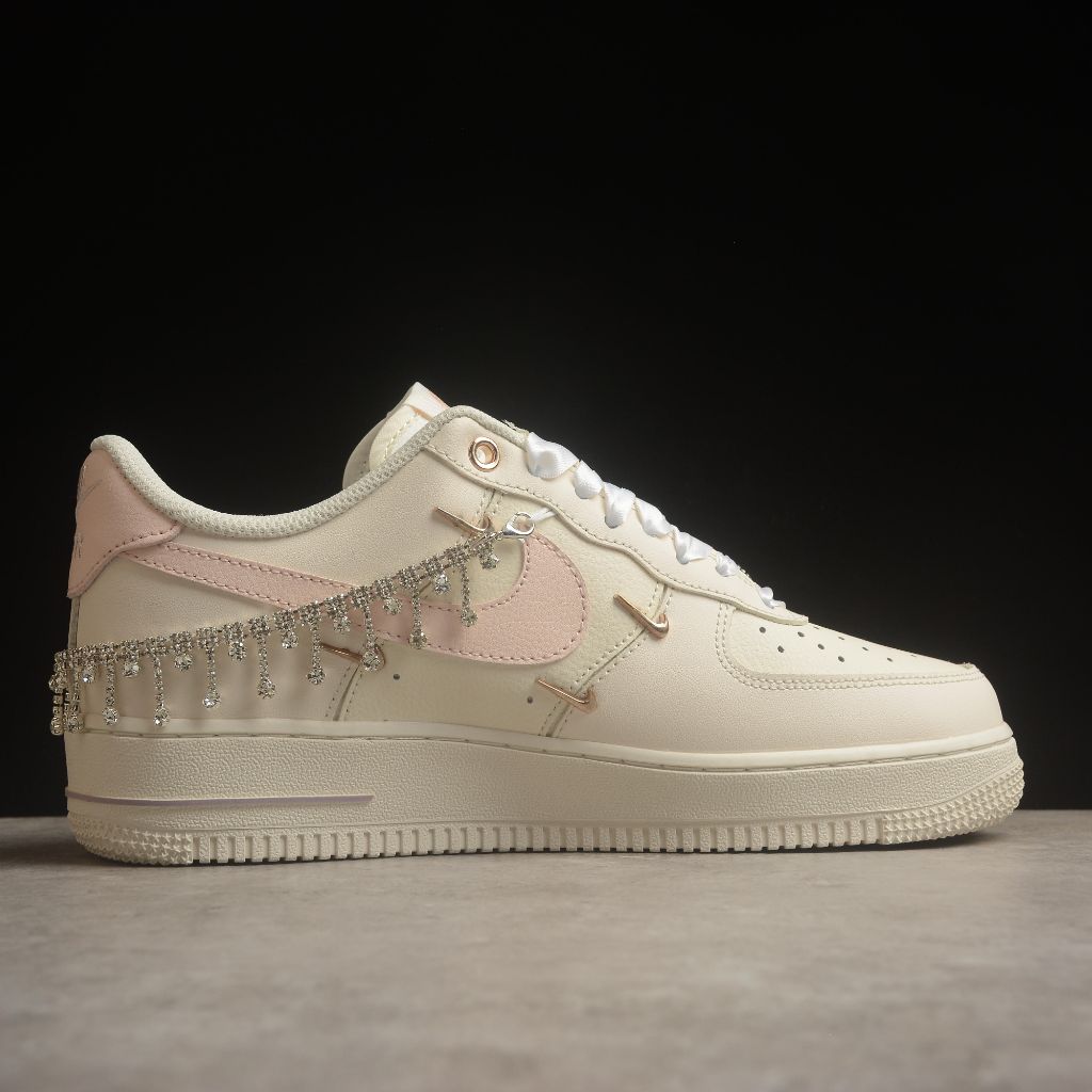 Custom Air Force 1 Cream And Baby Pink With Rhinestone Fringe