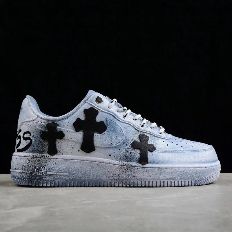 Custom Air Force 1 Grey Blue with Crosses and Splatter