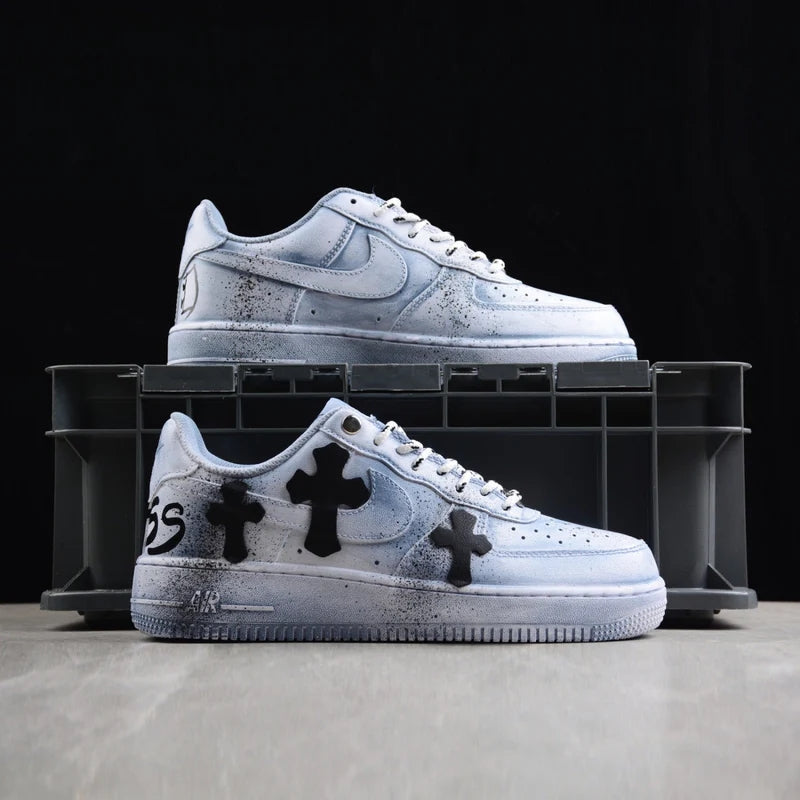 Custom Air Force 1 Grey Blue with Crosses and Splatter