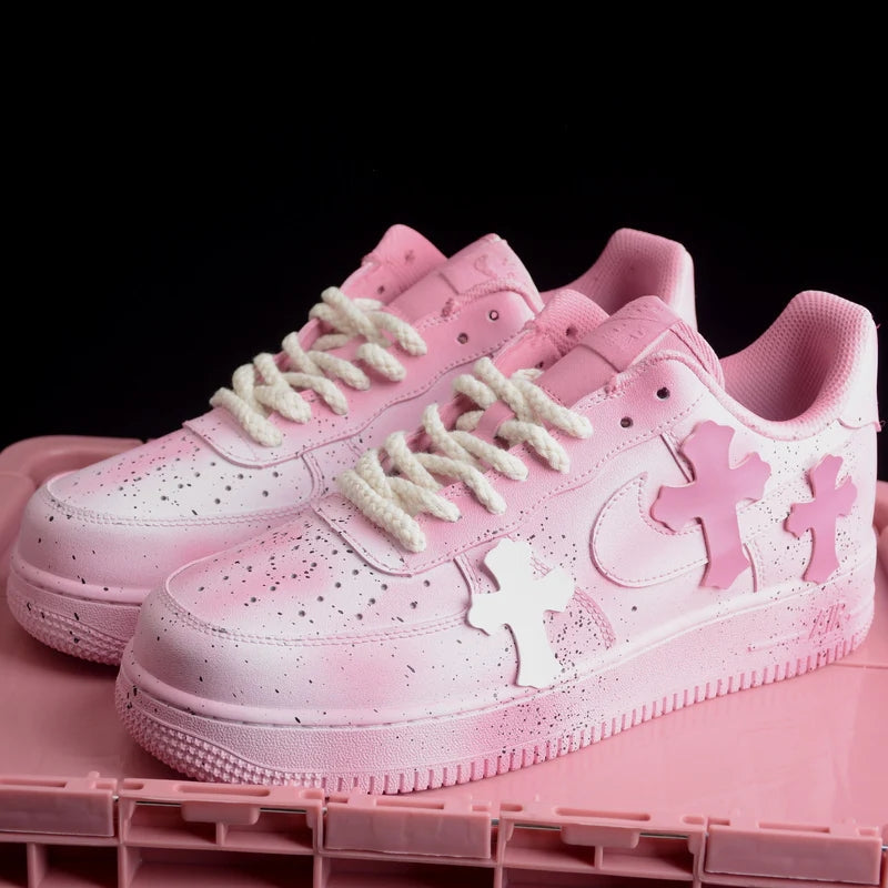 Custom Air Force 1 Light Pink with Crosses and Splatter