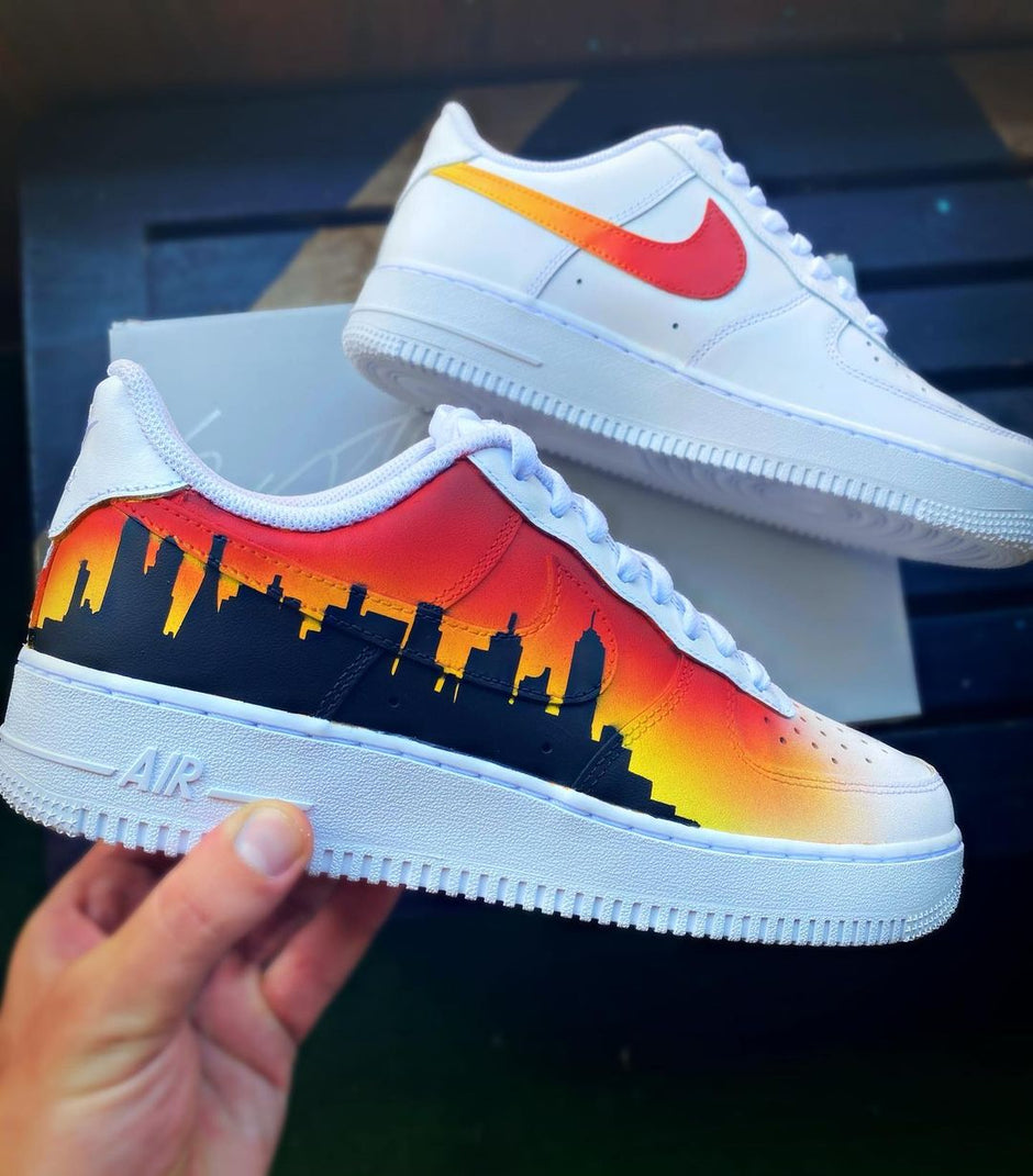 Custom Air Force 1 Orange Yellow With Black City Skyline Pattern