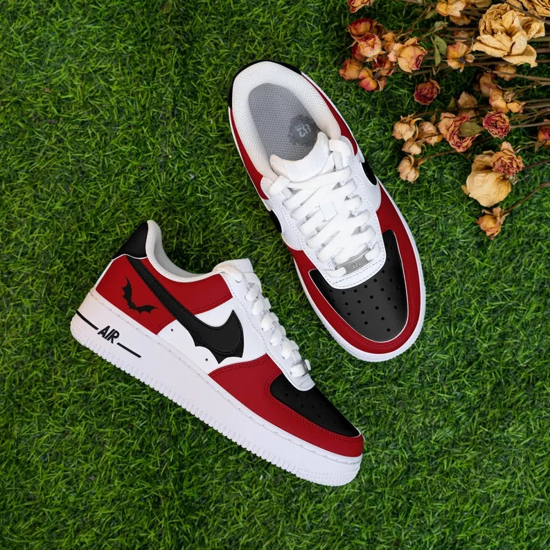 Custom Air Force 1 Red Black And White With Bat Pattern