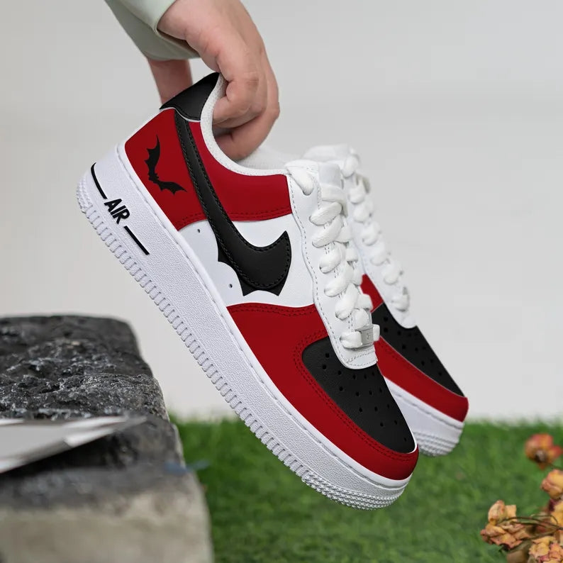 Custom Air Force 1 Red Black And White With Bat Pattern