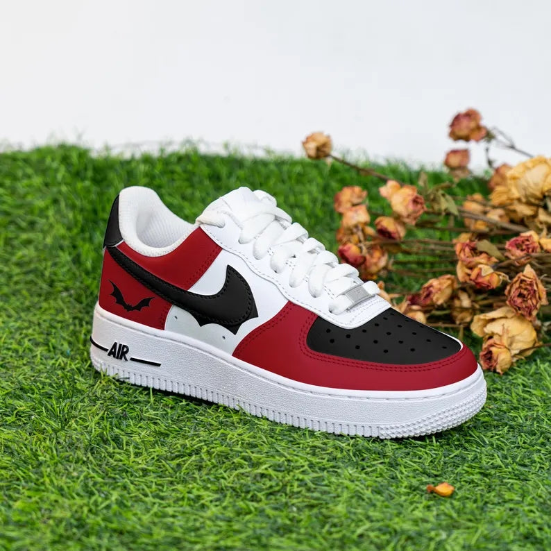 Custom Air Force 1 Red Black And White With Bat Pattern