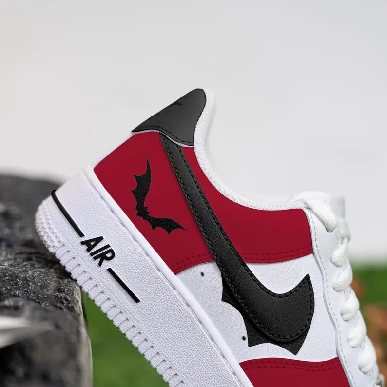 Custom Air Force 1 Red Black And White With Bat Pattern