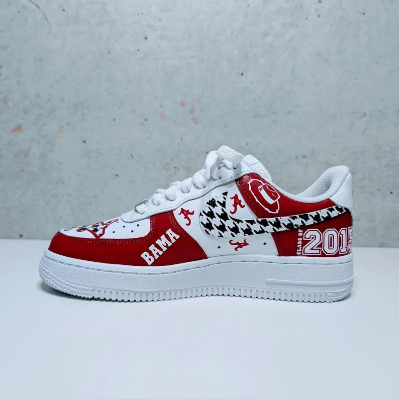 Custom Air Force 1 Red White with Houndstooth And Alabama Symbols