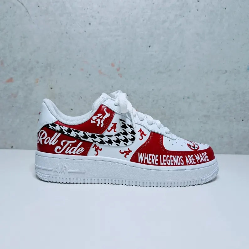 Custom Air Force 1 Red White with Houndstooth And Alabama Symbols