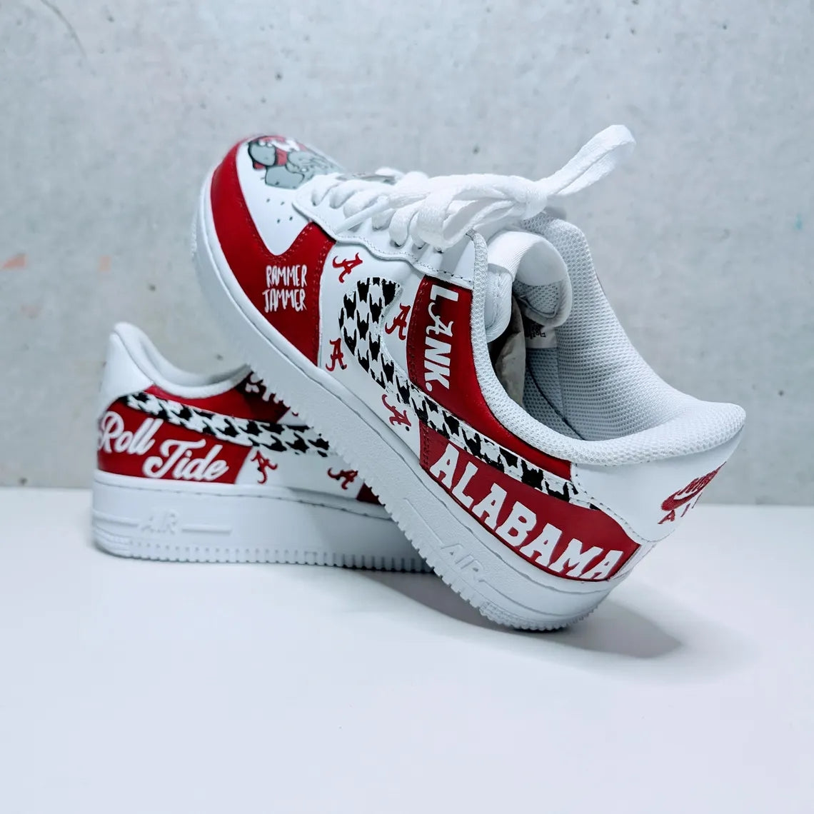 Custom Air Force 1 Red White with Houndstooth And Alabama Symbols