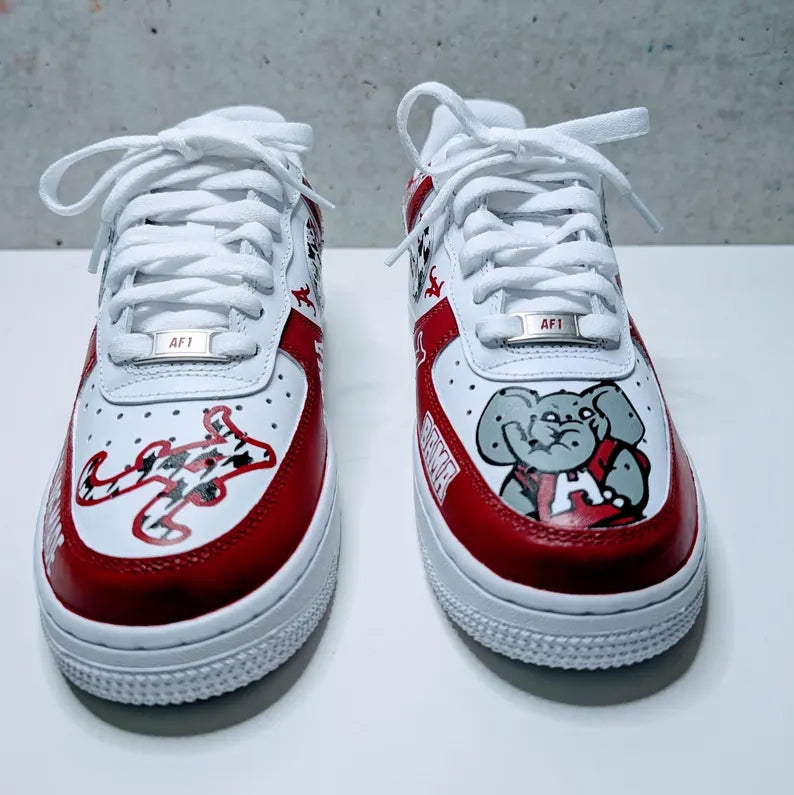 Custom Air Force 1 Red White with Houndstooth And Alabama Symbols