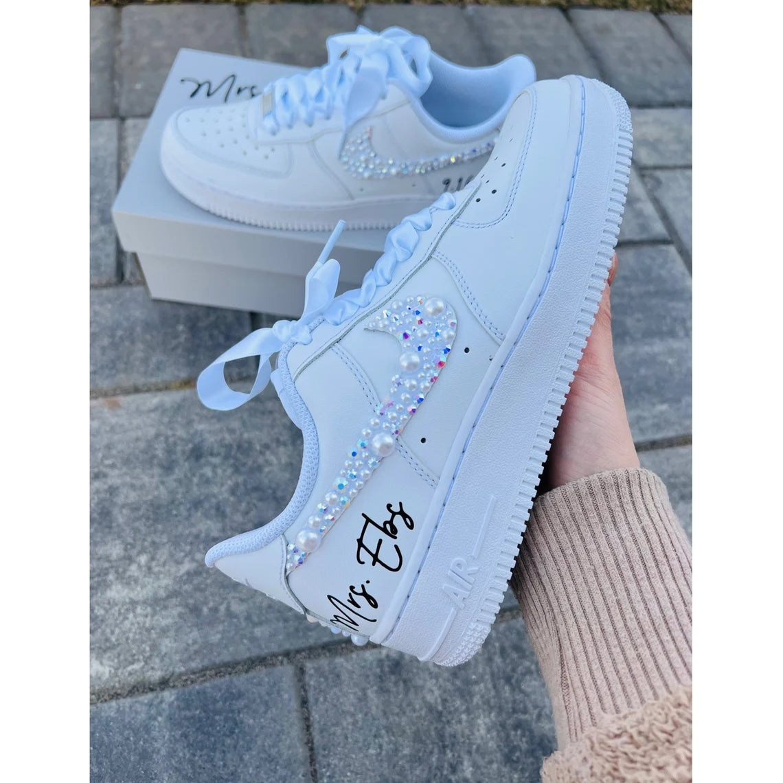 Custom Air Force 1 Rhinestone Pearl Embellished Wedding Shoes
