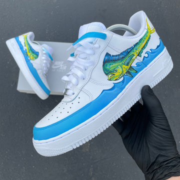 Custom Air Force 1 White And Blue Fish Pattern