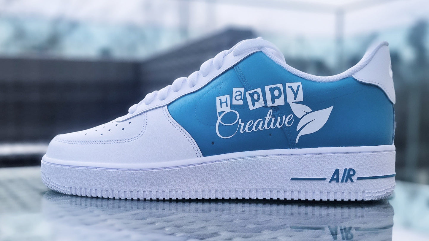 Custom Air Force 1 White And Blue With Happy Creative Graphic