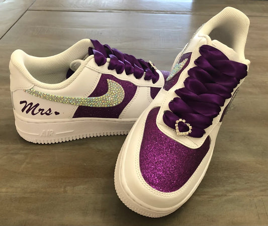 Custom Air Force 1 White And Purple Glitter Rhinestones Swoosh