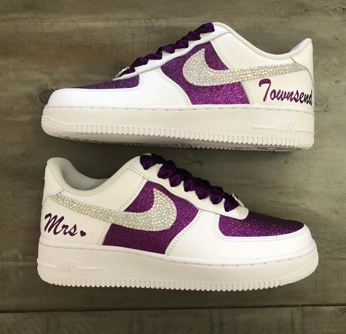 Custom Air Force 1 White And Purple Glitter Rhinestones Swoosh