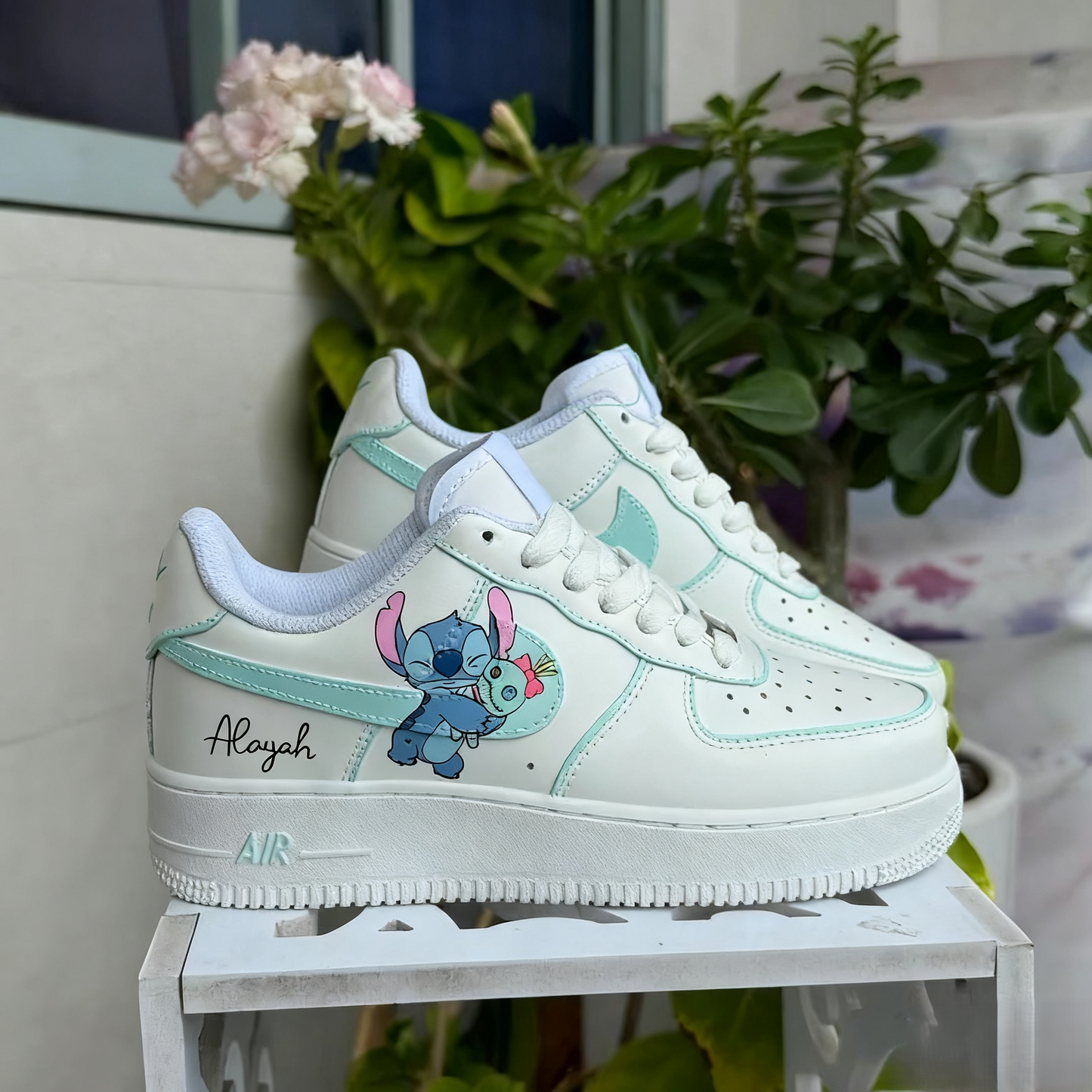 Custom Air Force 1 White Baby Blue Stitch Design