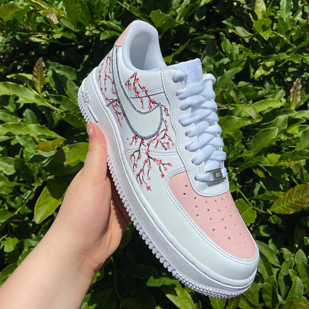 Custom Air Force 1 White Baby Pink With Cherry Blossom Patterns