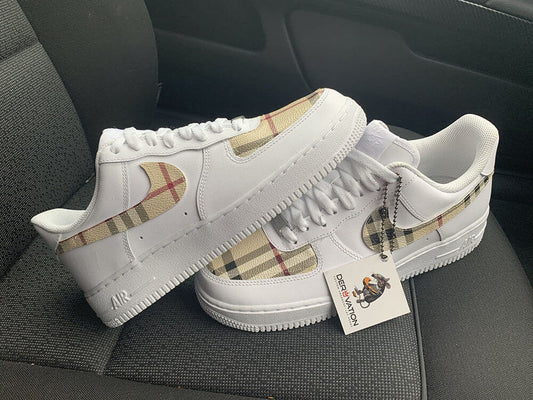 Custom Air Force 1 White Beige Plaid Pattern