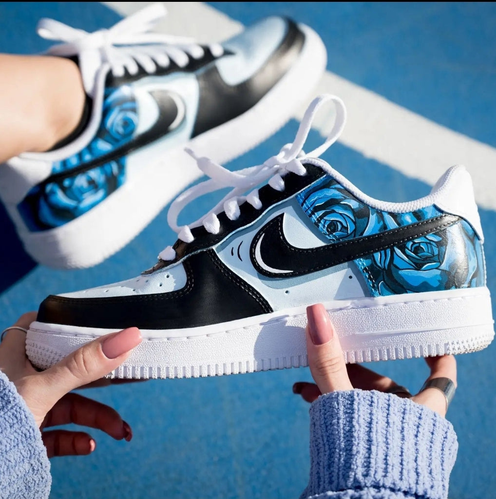 Custom Air Force 1 White Black Blue With Rose Pattern