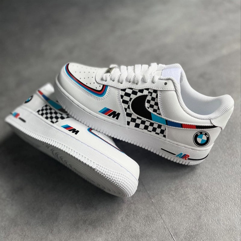 Custom Air Force 1 White Black Checkerboard BMW Logo